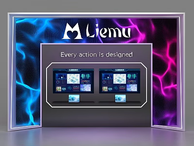 Tech Themed Background Wall With Liemu Logo Blue Pink Lighting Slogan And Display Screens 3d model