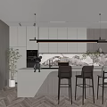 Modern Bar Counter With Gray Marble Top Black Stools Pendant Lights And Green Plant