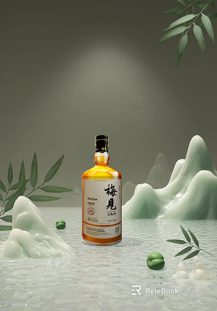 Plum Wine Bottle And Glass With Bamboo Leaves Mountain Decor On Water Surface 3d model 