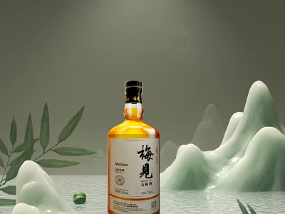 Plum Wine Bottle And Glass With Bamboo Leaves Mountain Decor On Water Surface 3d model