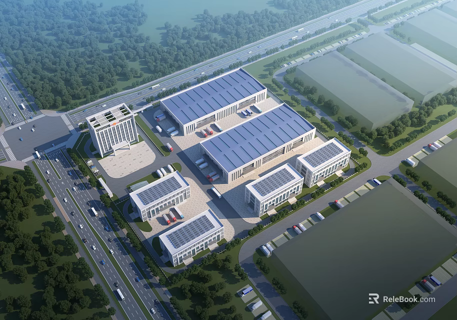 Aerial View Of Modern Industrial Factory With Multiple Buildings Greenery Parking And Surrounding Roads 3d model 