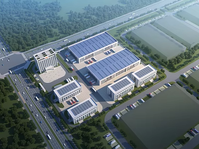 Aerial View Of Modern Industrial Factory With Multiple Buildings Greenery Parking And Surrounding Roads 3d model