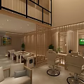 Beauty Hair Salon Wooden Interior With Sofa Hair Styling Chairs Green Plants And TV Screen