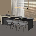 Modern Dining Table With Chairs Set Near Window Blinds And Hanging Lights 3d model