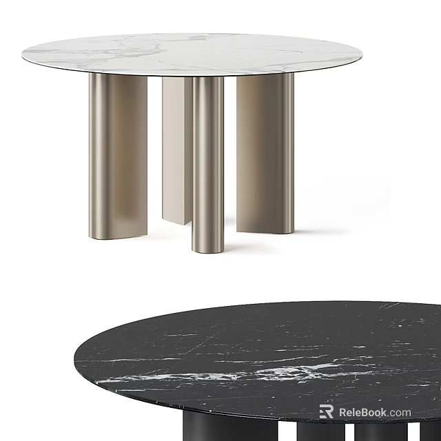 Modern Round Dining Table With Marble Surface And Metal Cylinder Legs Design 3d model