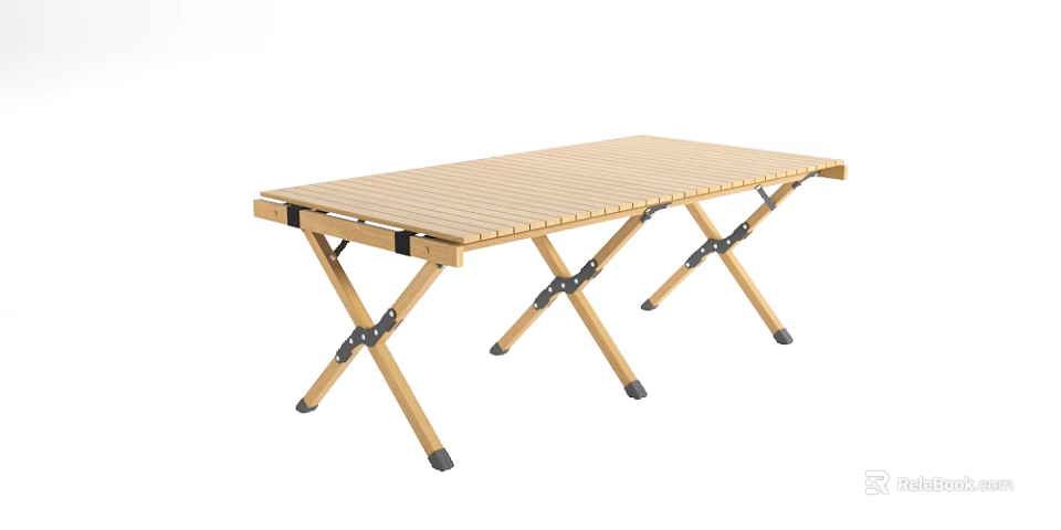 Portable Wooden Folding Table With Slat Top And Foldable Metal Legs For Outdoor Use 3d model 