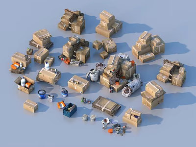 Scattered Household Items Including Cardboard Boxes Cans Buckets Tools And Supplies 3d model