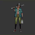 Colorful Anime Character Design With Green Jacket Baseball Bat Striped Pants Red Sneakers And Cap
