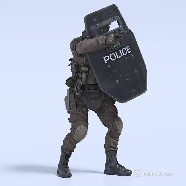 A Man Wearing Tactical Gear Holding Black Police Shield With Protective Knee Pads 3d model 