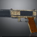Camouflage Patterned Tactical Pistol With Brown Wooden Grip And Black Components