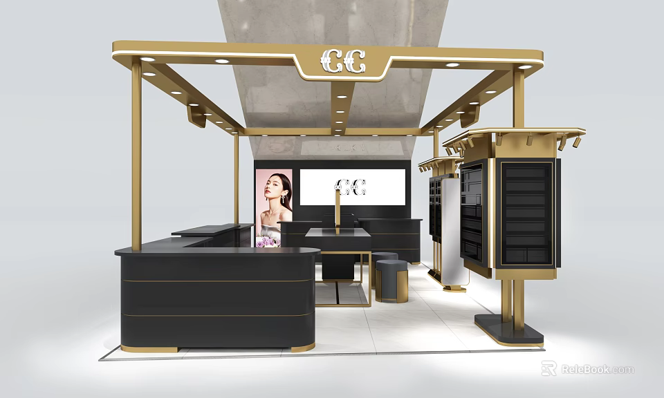 Modern Gold And Black Mall Counter With GC Logo Display Screen And Shelves 3d model 
