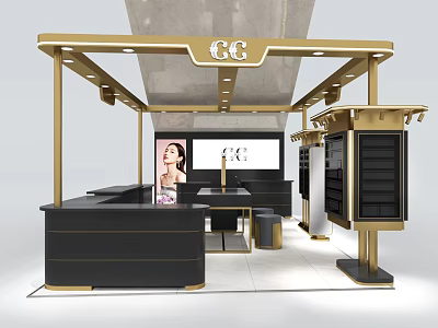 Modern Gold And Black Mall Counter With GC Logo Display Screen And Shelves 3d model