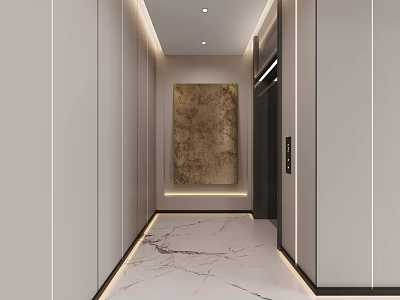 Modern Elevator Hallway With Light Gray Walls Marble Floor Recessed Ceiling Lights Abstract Gold Artwork 3d model
