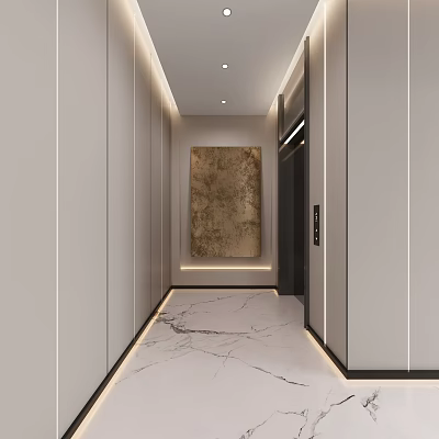 Modern Elevator Hallway With Light Gray Walls Marble Floor Recessed Ceiling Lights Abstract Gold Artwork 3d model