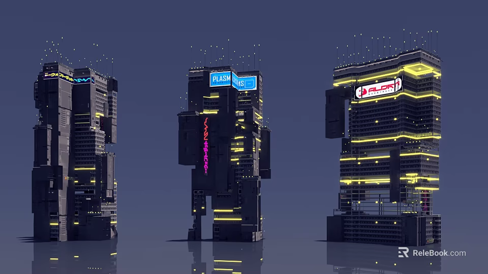 Futuristic Architecture With Tall Skyscrapers Glowing Lights And Digital Screens 3d model 