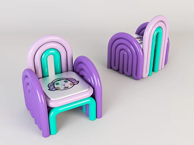 Colorful Purple And Teal Children's Chair With Curved Design And Cute Cartoon Graphic 3d model
