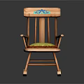 Wooden Rocking Chair With Decorative Backrest Green Cushion And Red Trim Armrests