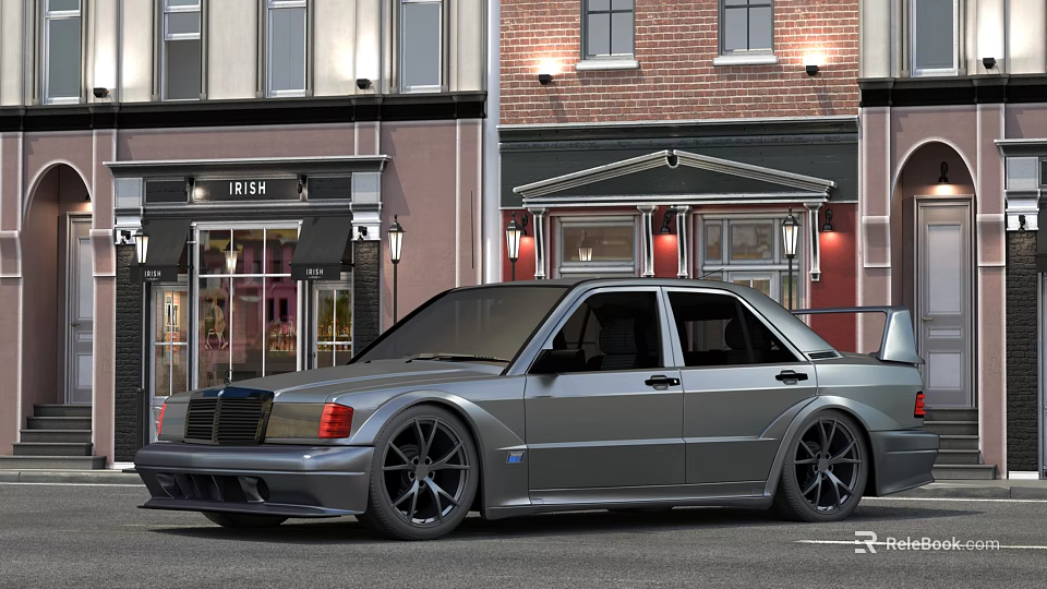 Silver Modified Classic Sedan Parked On Street By Cafe Building With Sporty Wheels 3d model 