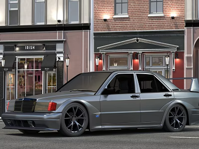 Silver Modified Classic Sedan Parked On Street By Cafe Building With Sporty Wheels 3d model