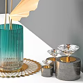 Decorative Ornament Set with Green Glass Vase Golden Fan Leaves Crystal Decor and Golden Tray