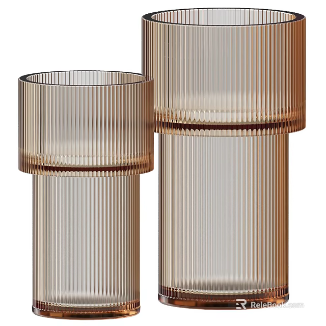 Light Brown Ceramic Vessels With Vertical Stripes And Metallic Rim Modern Design 3d model 
