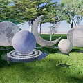 Outdoor Decorative Lights Crescent Moon Spherical Moon Textured In Night Grass Garden With Trees Sculpture