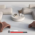 Modern Light Beige Sofa And Round Coffee Table Set With Decorative Plant And Armchairs