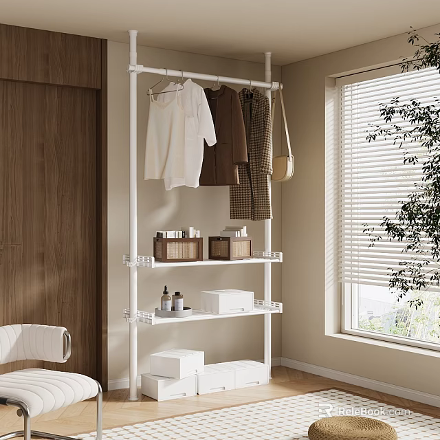 Open White Metal Frame Wardrobe with Clothing Rod Storage Boxes and Window Green Plants 3d model 
