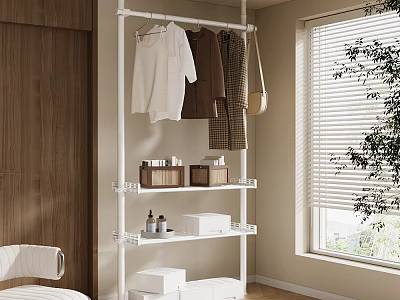 Open White Metal Frame Wardrobe with Clothing Rod Storage Boxes and Window Green Plants 3d model