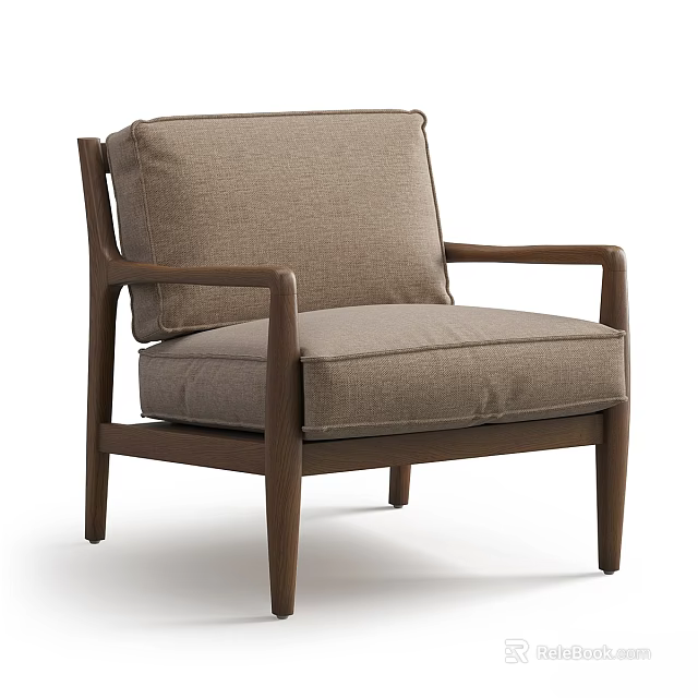 Modern Minimalist Accent Chair With Wooden Frame And Brown Fabric Cushion 3d model 