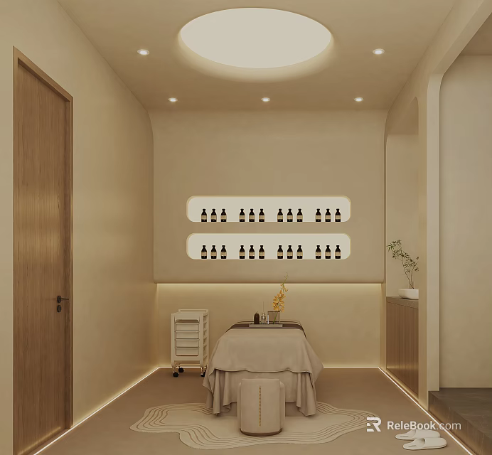 Cozy Minimalist SPA Room With Massage Table Wooden Trolley Wall Shelves And Potted Plant 3d model 