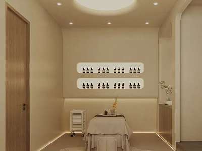 Cozy Minimalist SPA Room With Massage Table Wooden Trolley Wall Shelves And Potted Plant 3d model