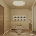 Cozy Minimalist SPA Room With Massage Table Wooden Trolley Wall Shelves And Potted Plant