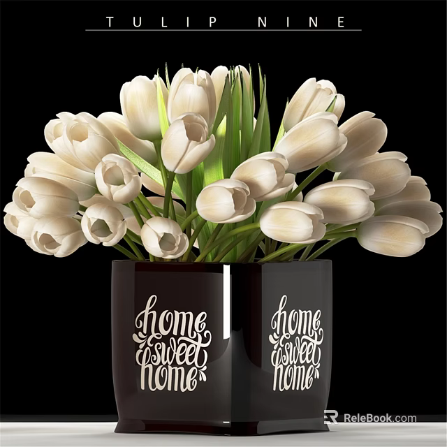 Decorative Ornament Set With White Tulips In Black Vases And Home Sweet Home Text 3d model 