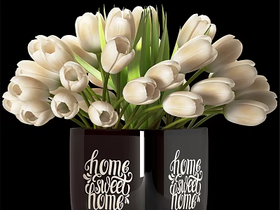 Decorative Ornament Set With White Tulips In Black Vases And Home Sweet Home Text 3d model