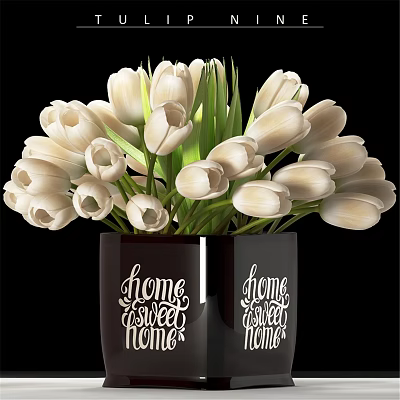 Decorative Ornament Set With White Tulips In Black Vases And Home Sweet Home Text 3d model