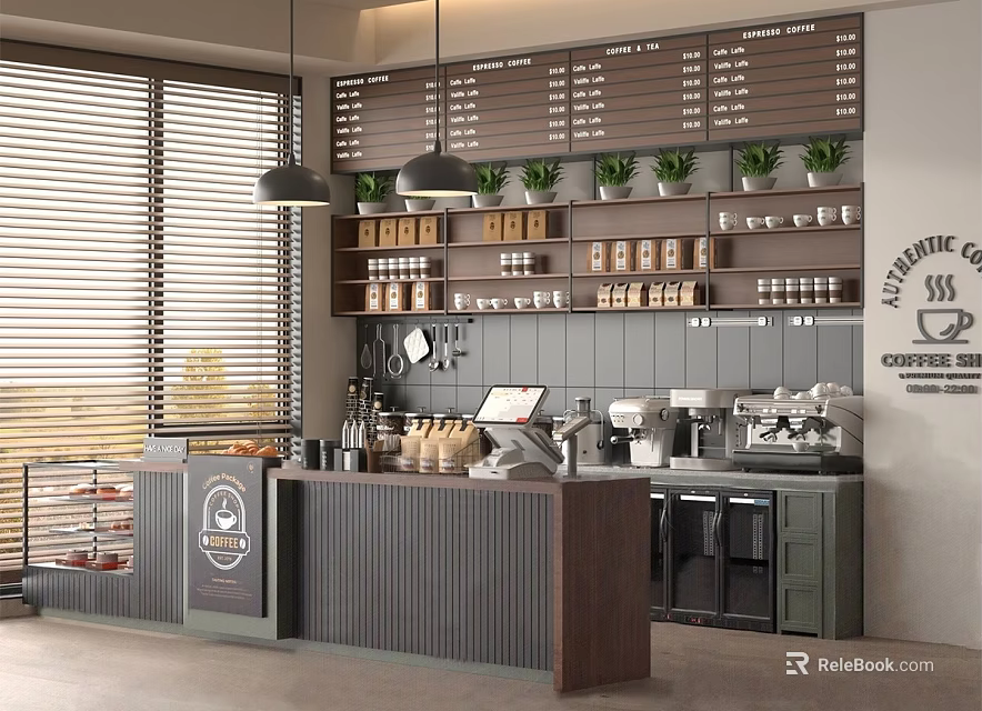 Modern Café Interior With Coffee Counter Machines Green Plants And Menu Board 3d model 