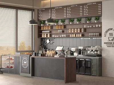 Modern Café Interior With Coffee Counter Machines Green Plants And Menu Board 3d model