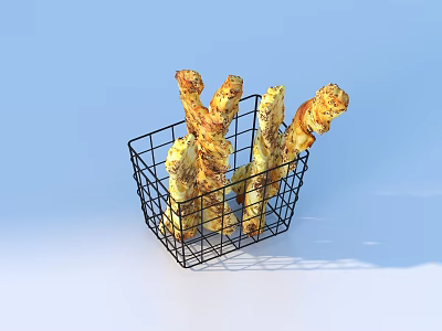 Freshly Baked Golden Twisted Bread Sticks in Black Wire Basket Perfect for Snacks 3d model