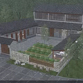 Chinese Rural Self Built House With Black Tile Roof Two Story Courtyard And Green Plants