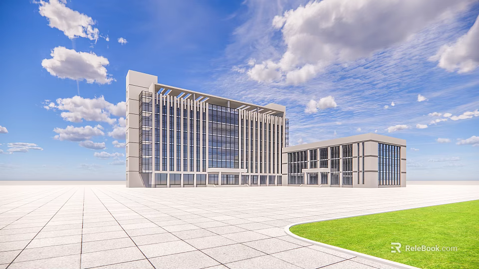 Modern Office Building Exterior With Glass Curtain Wall Blue Sky White Clouds Plaza And Lawn 3d model 