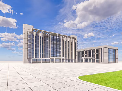 Modern Office Building Exterior With Glass Curtain Wall Blue Sky White Clouds Plaza And Lawn 3d model