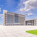 Modern Office Building Exterior With Glass Curtain Wall Blue Sky White Clouds Plaza And Lawn