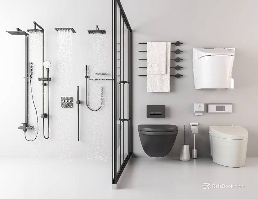Modern Black And White Bathroom Set Featuring Shower System Toilet Towel Rack And Accessories 3d model 