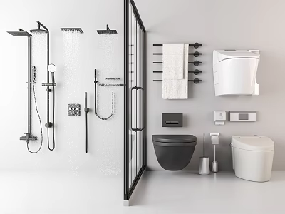 Modern Black And White Bathroom Set Featuring Shower System Toilet Towel Rack And Accessories 3d model