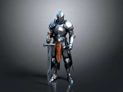 Man in Shiny Silver Knight Armor Standing with Long Sword on Gray Background 3d model