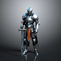 Man in Shiny Silver Knight Armor Standing with Long Sword on Gray Background