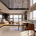 Modern Apartment Interior With Open Layout Dining Table Chairs Hanging Chandelier And Kitchen Cabinets