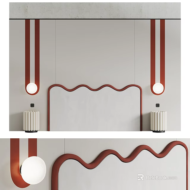 Elegant Bed Background Wall Featuring Wavy Red Trim White Panel And Circular Wall Lamps 3d model