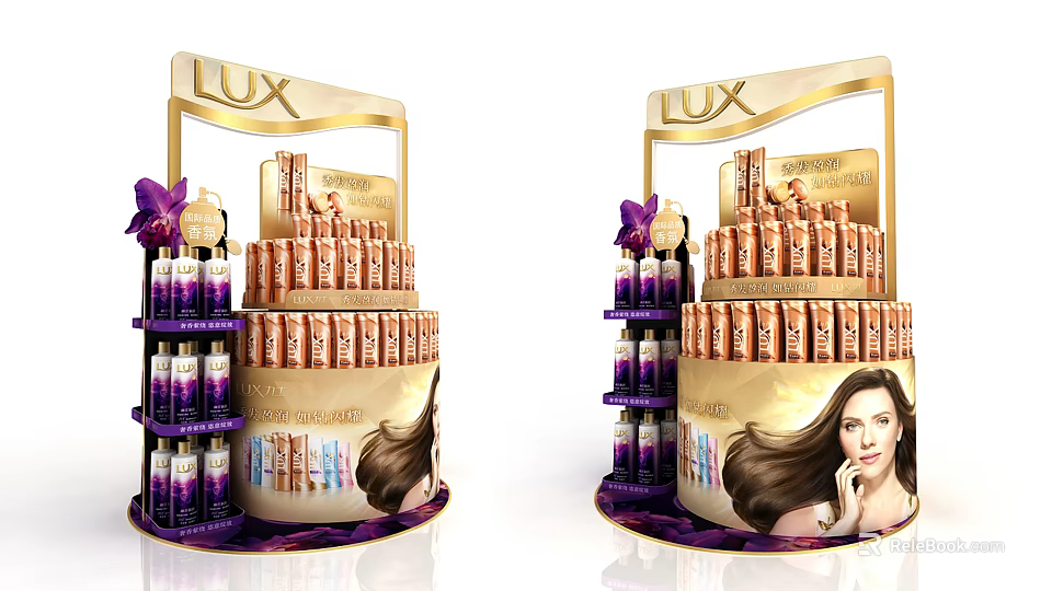 Commercial Display Equipment for LUX Haircare Products with Gold Purple Design and Woman Advertising 3d model 